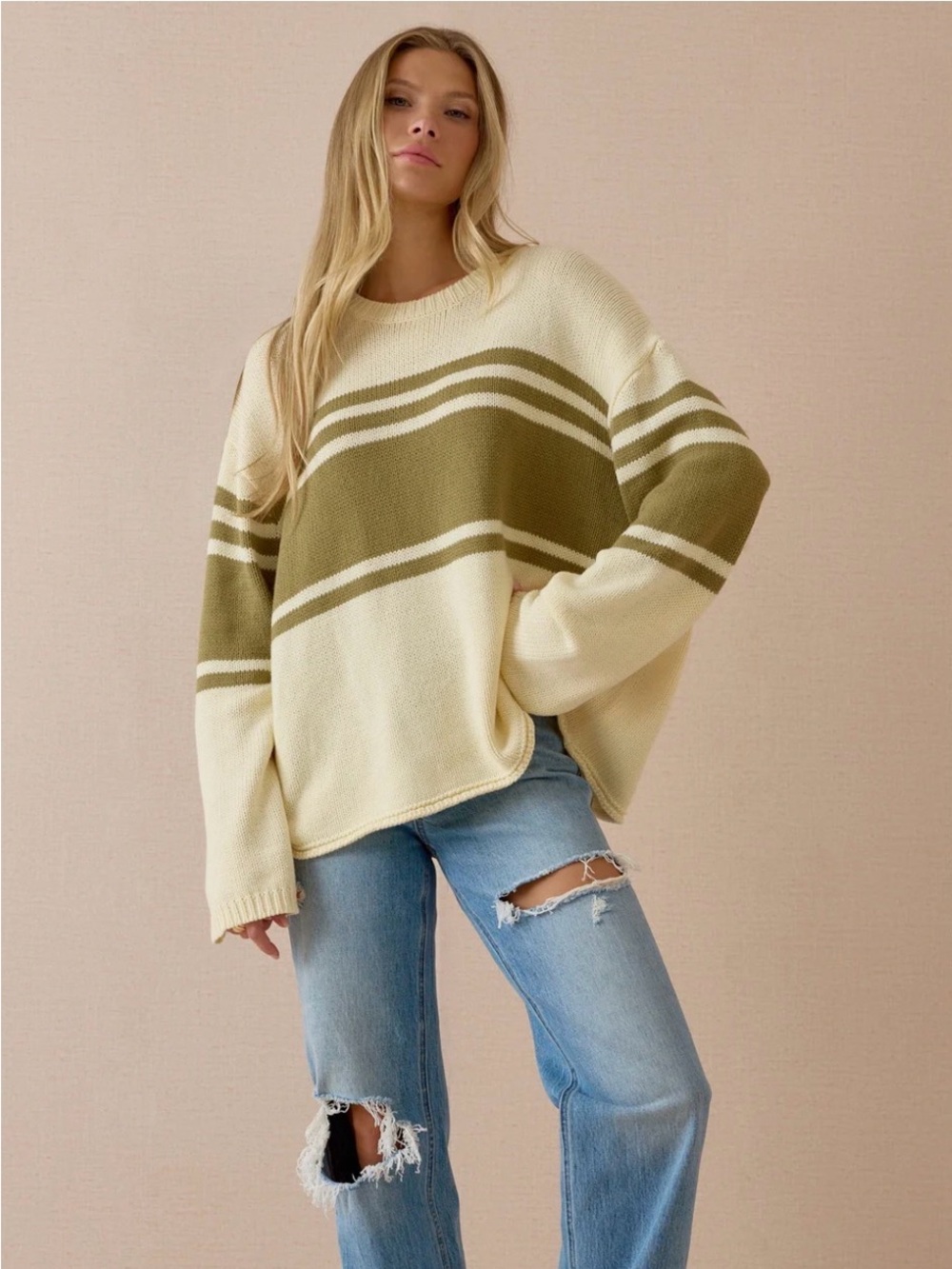 Altar’d State Nala Oversized Stripe Sweater Ivory & Olive Green Relaxed Cozy NEW - Picture 2 of 7